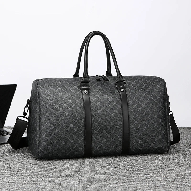 Herren Reisetasche – Schwarze PU-Ledertasche mit großem Fassungsvermögen und geometrischem Muster – Schultertasche für Business & Reisen