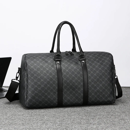 Herren Reisetasche – Schwarze PU-Ledertasche mit großem Fassungsvermögen und geometrischem Muster – Schultertasche für Business & Reisen