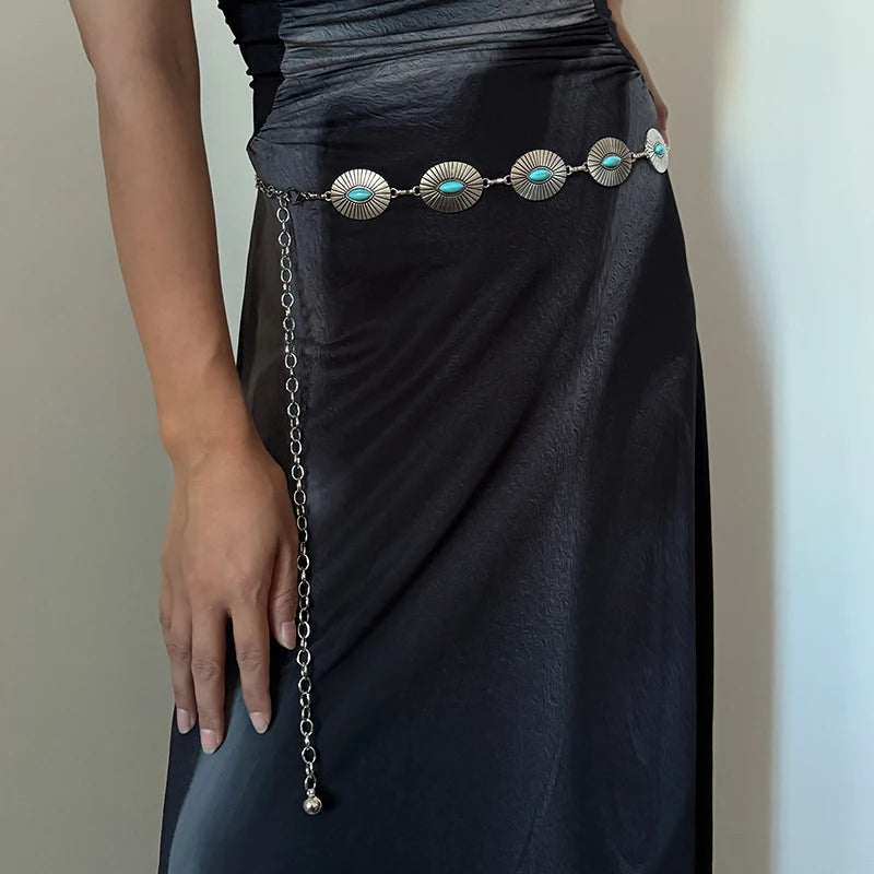 Boho Taillenkette für Damen – Silberfarbene Kette mit blauen Edelstein-Elementen | Eleganter Ellipsen-Look für Röcke & Kleider