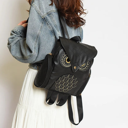 Damen Rucksack – Stylischer Eulen-Rucksack aus schwarzem PU-Leder mit Applikationen – Trendiger Begleiter für Alltag & Freizeit