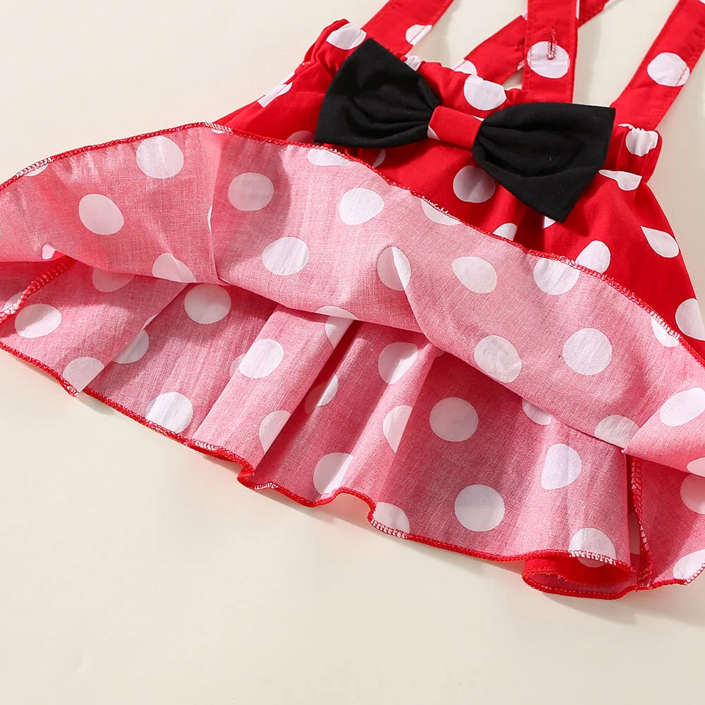 Sommer-Outfit für Mädchen (1–4 Jahre) – Schwarzes T-Shirt mit kurzen Ärmeln, gepunkteter Rock & Haarband – 3-teiliges Set