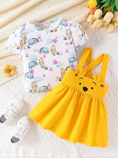 Sommer Baby Mädchen 2-teiliges Set – Kurzarm-T-Shirt mit niedlichem Tierdruck + Trägerrock – Baumwoll-Outfit für Kleinkinder (3–24 Monate)