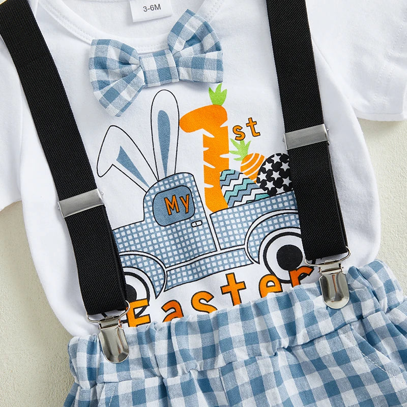 Baby-Jungen Oster-Outfit – 2-teilig: Kurzarm-Body mit Auto- & Hasen-Print + karierten Hosenträger-Shorts – von Emmababy (0–18 Monate)