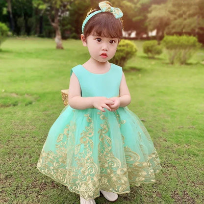 Sommerliches Prinzessinnenkleid für Mädchen – Ärmellos mit Rückenschleife & Pailletten – Festliches Kleid für Hochzeit, Party & Geburtstag