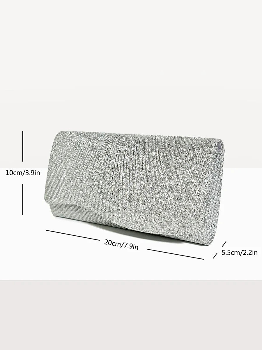 Damen Glitzer Clutch – Envelope-Abendtasche mit Kette in Silber – Elegante Mini-Handtasche für Hochzeit & Party