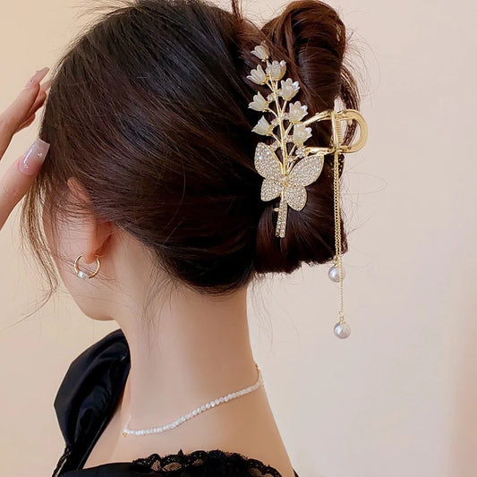 Luxuriöse Haarspange mit Strass, Glockenblume, Rose & Schmetterling – Elegante Haarklammer mit Quaste für Damen