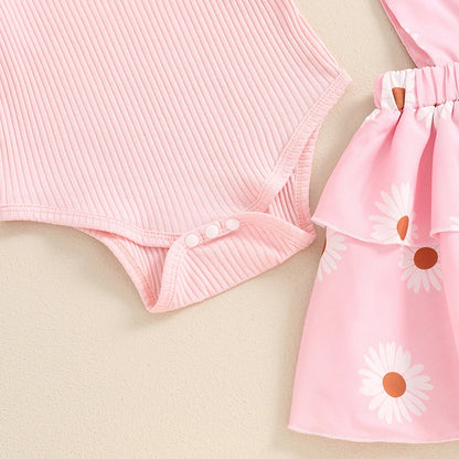 Frühlings-Outfit für Baby-Mädchen – 3-teilig: Kurzarm-Ripp-Body, Trägerrock & Haarband – von Pudcoco (0–18 Monate)