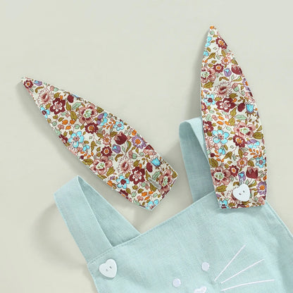 2-teiliges Sommer-Outfit für Baby Mädchen – Ärmelloser Floral-Print Romper mit Hasenohren & Cartoon-Hut – Perfekt für Ostern (0–18 Monate)