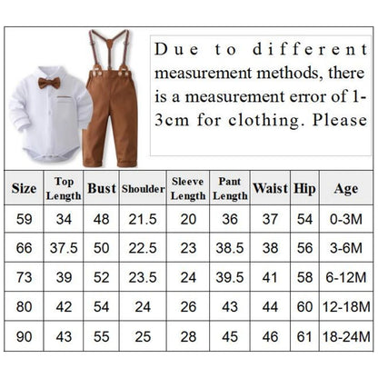 Elegantes Baby-Jungen Outfit – 4-teilig: Langarm-Body, Hose, Hosenträger & Fliege – für Geburtstag, Hochzeit & Feste (0–24 Monate)
