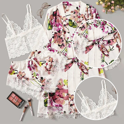 Damen 3-teiliges Pyjama-Set in Plus Size – Weiß mit Blumenmuster, Spitzen-Träger, Shorts & Morgenmantel