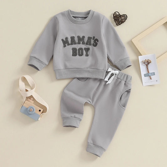 Baby Jungen 2-tlg. Herbst-Winter Set – Sweatshirt mit Buchstaben-Stickerei + Hose mit Tasche | Bequemes Outfit für Kleinkinder 0–3 Jahre
