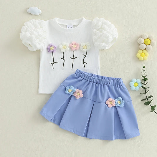 Sommer-Outfit für Kleinkinder Mädchen (6M–4J) – Häkelblumen T-Shirt mit Puffärmeln & A-Linien-Rock + Haarband