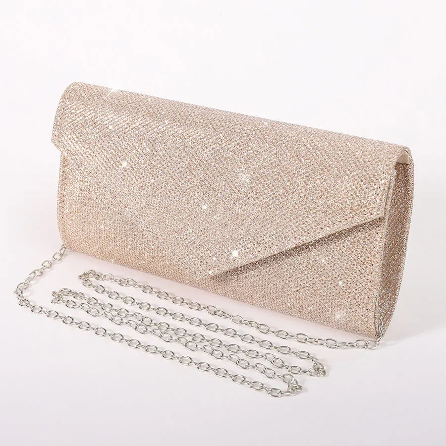 Damen Glitzer Clutch – Envelope-Abendtasche mit Kette in Silber – Elegante Mini-Handtasche für Hochzeit & Party