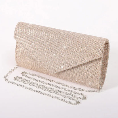 Damen Glitzer Clutch – Envelope-Abendtasche mit Kette in Silber – Elegante Mini-Handtasche für Hochzeit & Party