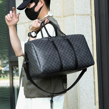 Herren Reisetasche – Schwarze PU-Ledertasche mit großem Fassungsvermögen und geometrischem Muster – Schultertasche für Business & Reisen