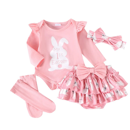 My First Easter” Baby-Mädchen-Outfit – 4-teilig: Hasen-Body, Karotten-Shorts, Socken & Haarband – von Prowow