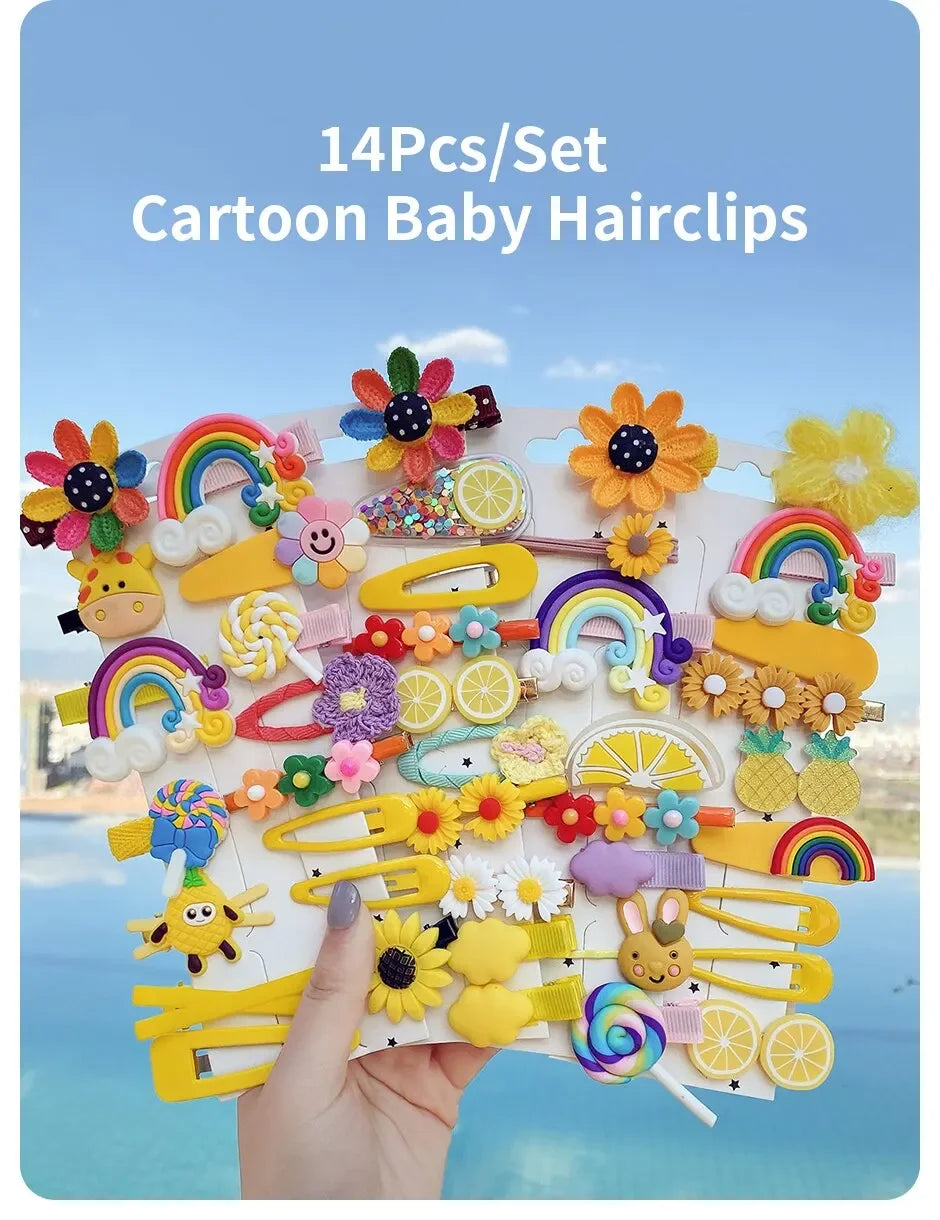 14-teiliges Haarspangen-Set für Babys – Blumen & Früchte Cartoon-Design – Haarklammern für kleine Mädchen (1–3 Jahre)