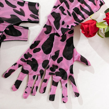 Sexy Lingerie Set in Pink Leopard Mesh – BH, Handschuhe & Beinlinge