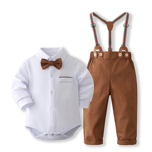Elegantes Baby-Jungen Outfit – 4-teilig: Langarm-Body, Hose, Hosenträger & Fliege – für Geburtstag, Hochzeit & Feste (0–24 Monate)