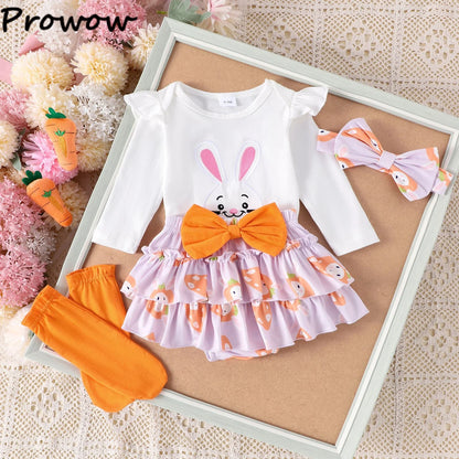 My First Easter” Baby-Mädchen-Outfit – 4-teilig: Hasen-Body, Karotten-Shorts, Socken & Haarband – von Prowow