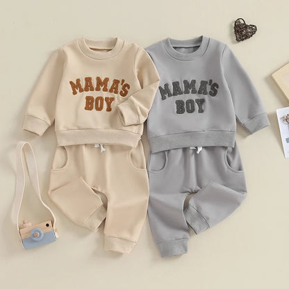 Baby Jungen 2-tlg. Herbst-Winter Set – Sweatshirt mit Buchstaben-Stickerei + Hose mit Tasche | Bequemes Outfit für Kleinkinder 0–3 Jahre