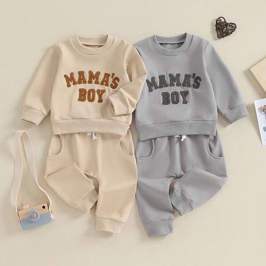 Baby Jungen 2-tlg. Herbst-Winter Set – Sweatshirt mit Buchstaben-Stickerei + Hose mit Tasche | Bequemes Outfit für Kleinkinder 0–3 Jahre
