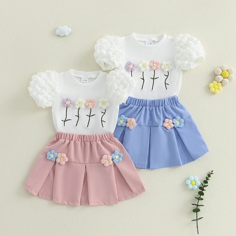Sommer-Outfit für Kleinkinder Mädchen (6M–4J) – Häkelblumen T-Shirt mit Puffärmeln & A-Linien-Rock + Haarband