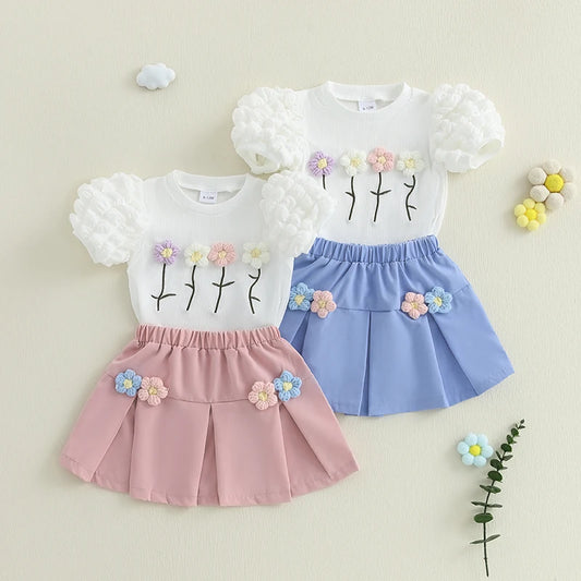 Sommer-Outfit für Kleinkinder Mädchen (6M–4J) – Häkelblumen T-Shirt mit Puffärmeln & A-Linien-Rock + Haarband