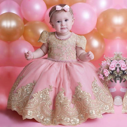 Vintage Prinzessinnenkleid mit Spitze & Stickerei – Luxuriöses Partykleid für Mädchen mit Rüschen & Goldakzenten (1–5 Jahre)