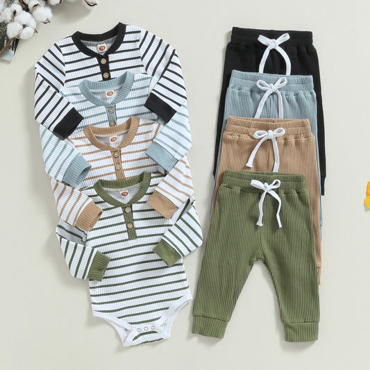 Herbst-Outfit für Baby Jungen – Langarm-Body mit Streifenmuster + Hose | 2-teiliges Set aus Baumwollmischung für Frühling & Herbst