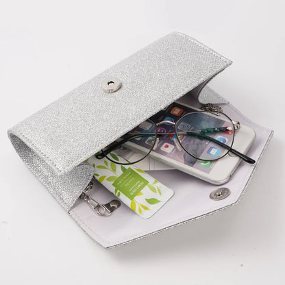 Damen Glitzer Clutch – Envelope-Abendtasche mit Kette in Silber – Elegante Mini-Handtasche für Hochzeit & Party