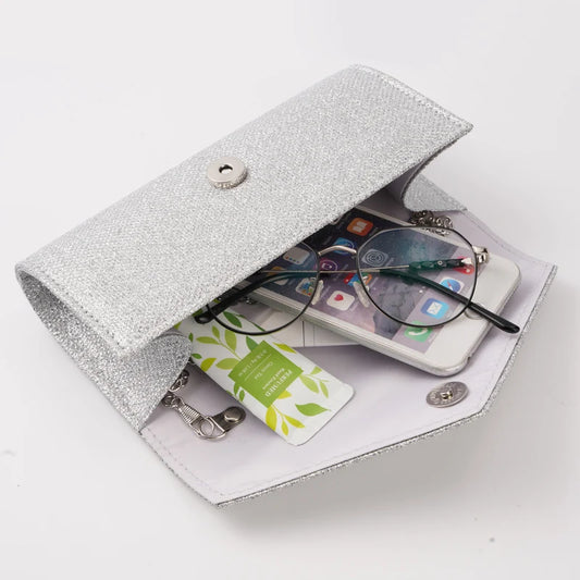 Damen Glitzer Clutch – Envelope-Abendtasche mit Kette in Silber – Elegante Mini-Handtasche für Hochzeit & Party