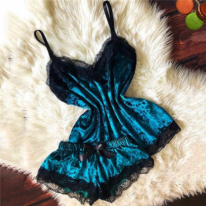 Verführerisches Damen-Schlafanzug-Set aus Samt – Trägertop mit Schleife & Shorts – Sexy V-Ausschnitt Homewear