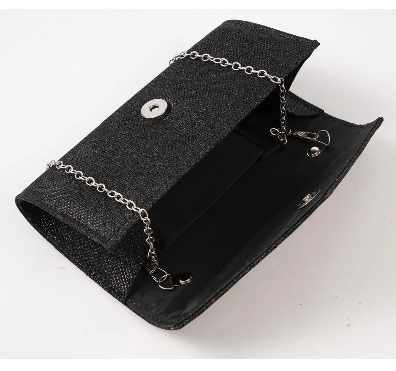 Damen Glitzer Clutch – Envelope-Abendtasche mit Kette in Silber – Elegante Mini-Handtasche für Hochzeit & Party