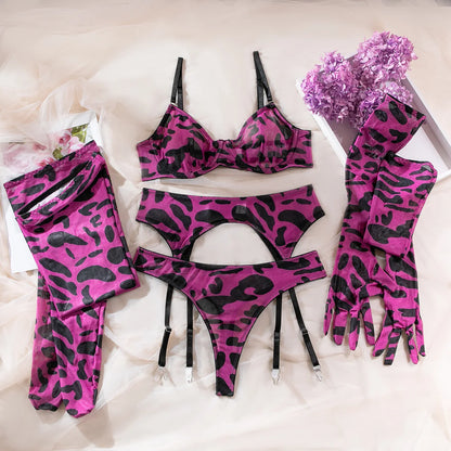 Sexy Lingerie Set in Pink Leopard Mesh – BH, Handschuhe & Beinlinge