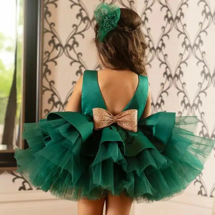 Elegantes Weihnachtskleid für Mädchen – Rückenfreies Prinzessinnenkleid mit Schleife – Festliches Ballkleid für Gala, Geburtstag & Hochzeit (Grün)