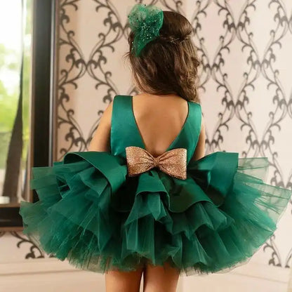 Elegantes Weihnachtskleid für Mädchen – Rückenfreies Prinzessinnenkleid mit Schleife – Festliches Ballkleid für Gala, Geburtstag & Hochzeit (Grün)