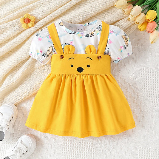 Sommer Baby Mädchen 2-teiliges Set – Kurzarm-T-Shirt mit niedlichem Tierdruck + Trägerrock – Baumwoll-Outfit für Kleinkinder (3–24 Monate)