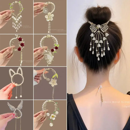 Elegante Haarkralle mit Blumen-Quaste – Schmetterling, Strass & Perlen – Haarclip für Damen | Dutt- & Zopfhalter Accessoire