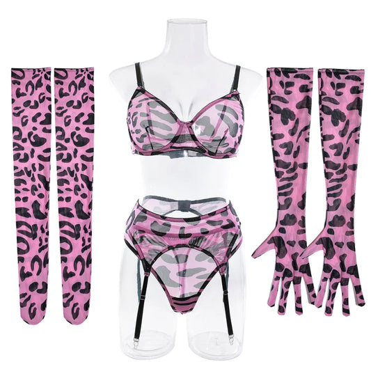 Sexy Lingerie Set in Pink Leopard Mesh – BH, Handschuhe & Beinlinge