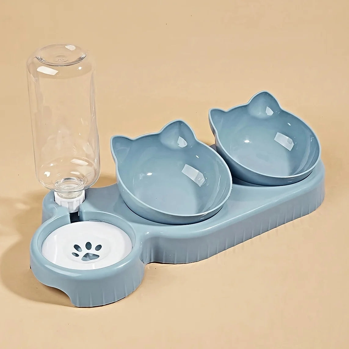 3-in-1 Katzennapf mit Wasserspender – Neigbares Design mit Ohrenform für Futter, Wasser und Nackenschutz