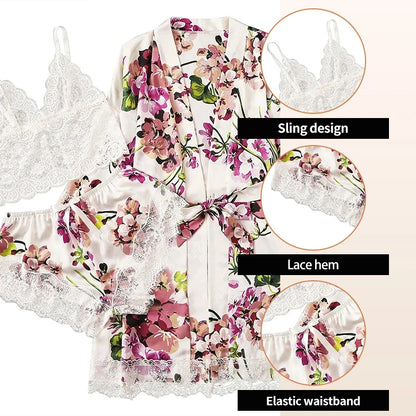 Damen 3-teiliges Pyjama-Set in Plus Size – Weiß mit Blumenmuster, Spitzen-Träger, Shorts & Morgenmantel