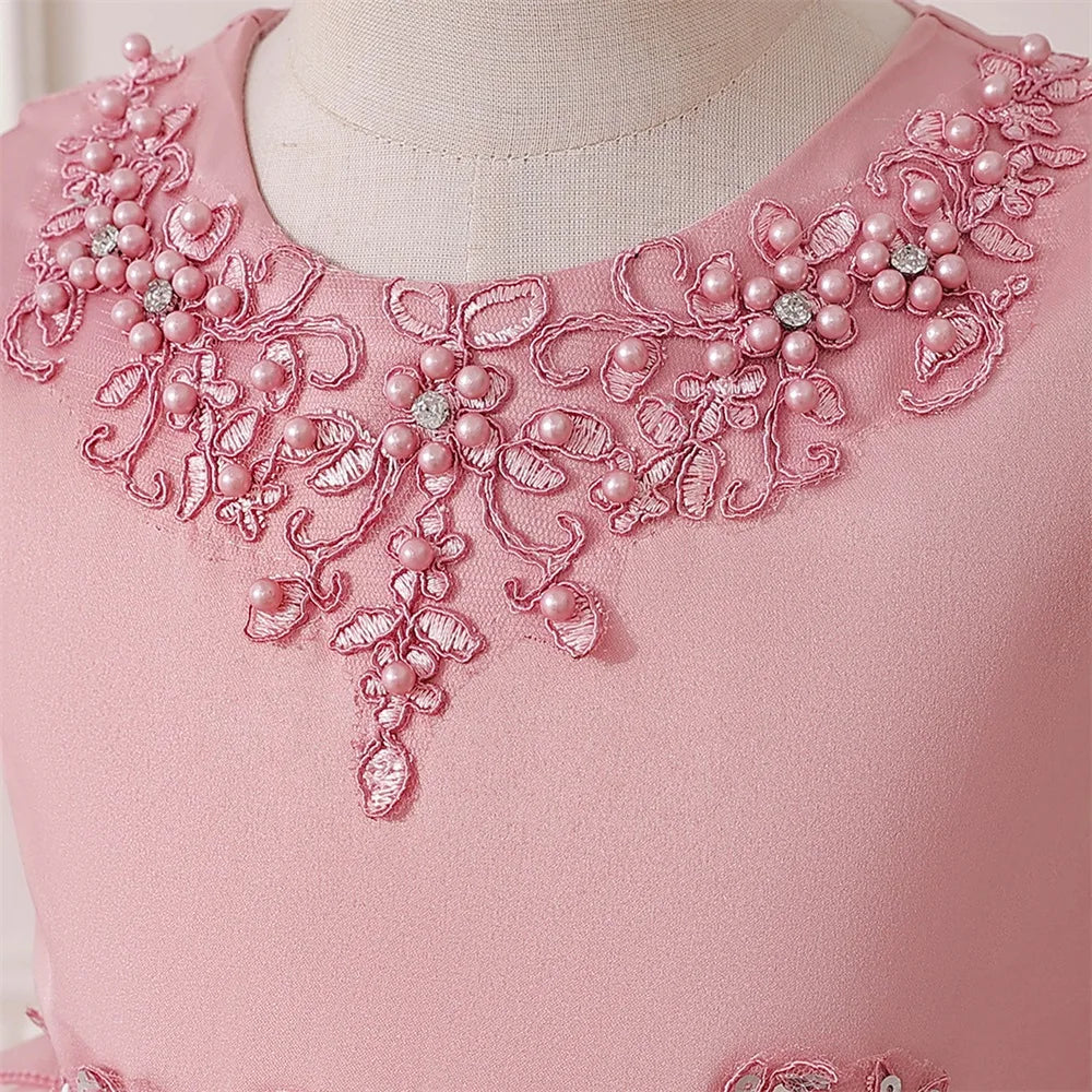 Prinzessinnenkleid für Mädchen mit Tüll & Stickerei – Rosa Partykleid mit Schleife & Schleppe – Für Geburtstag, Show & festliche Anlässe