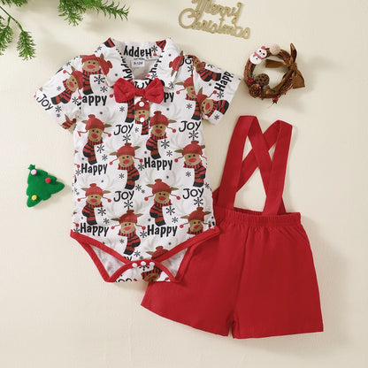 Weihnachts-Outfit für Baby-Jungen (0–12 Monate) – 2-teilig: Santa Body mit kurzen Ärmeln & Hosenträgerhose – Gentleman-Stil