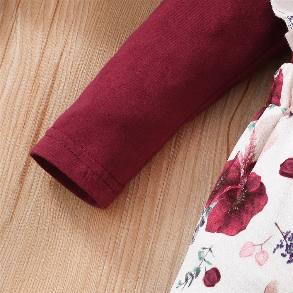 Baby Mädchen 3-teiliges Outfit – Langarm-Romper mit Blumen-Trägerhose & Stirnband | Weiches Baumwollset für Frühling & Herbst (0–24 Monate)
