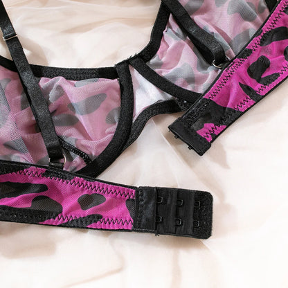 Sexy Lingerie Set in Pink Leopard Mesh – BH, Handschuhe & Beinlinge