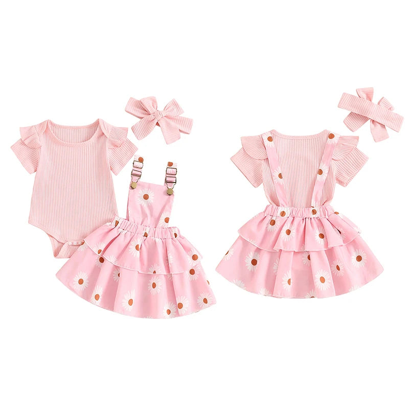 Frühlings-Outfit für Baby-Mädchen – 3-teilig: Kurzarm-Ripp-Body, Trägerrock & Haarband – von Pudcoco (0–18 Monate)