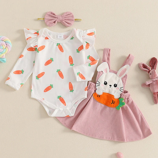 Oster-Outfit für Baby-Mädchen – 3-teilig: Karotten-Body mit langen Ärmeln, Hasen-Trägerrock & Haarband – von FOCUSNORM (0–18 Monate)