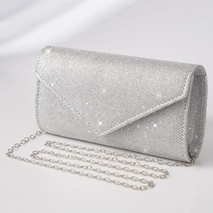 Damen Glitzer Clutch – Envelope-Abendtasche mit Kette in Silber – Elegante Mini-Handtasche für Hochzeit & Party