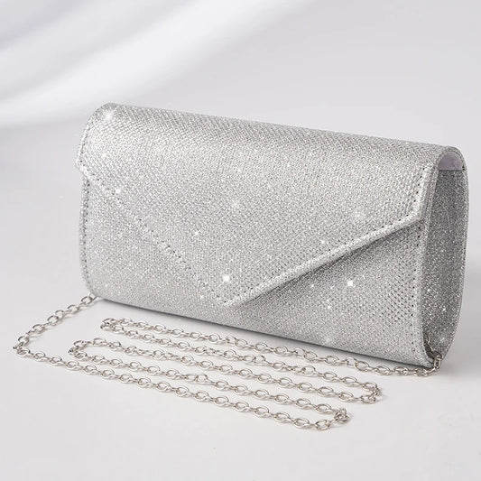 Damen Glitzer Clutch – Envelope-Abendtasche mit Kette in Silber – Elegante Mini-Handtasche für Hochzeit & Party